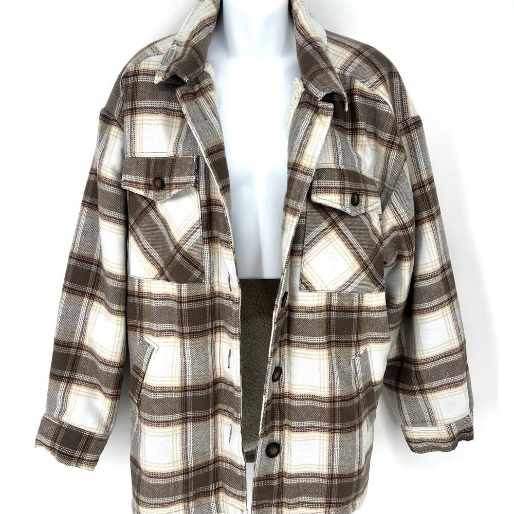 Love Tree Sherpa Lined Plaid Flannel Shacket Jacket Cream Brown Size XL